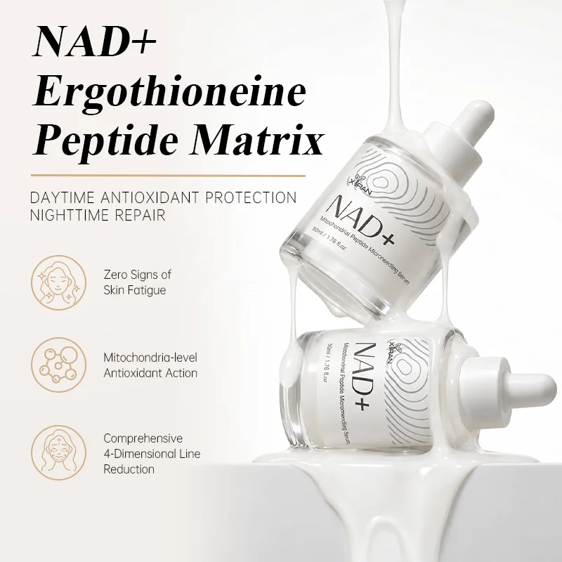 Two bottles of NAD+ Ergothioneine Peptide Matrix serum with creamy white liquid pouring over them, promoting skincare benefits like antioxidant action and wrinkle reduction.